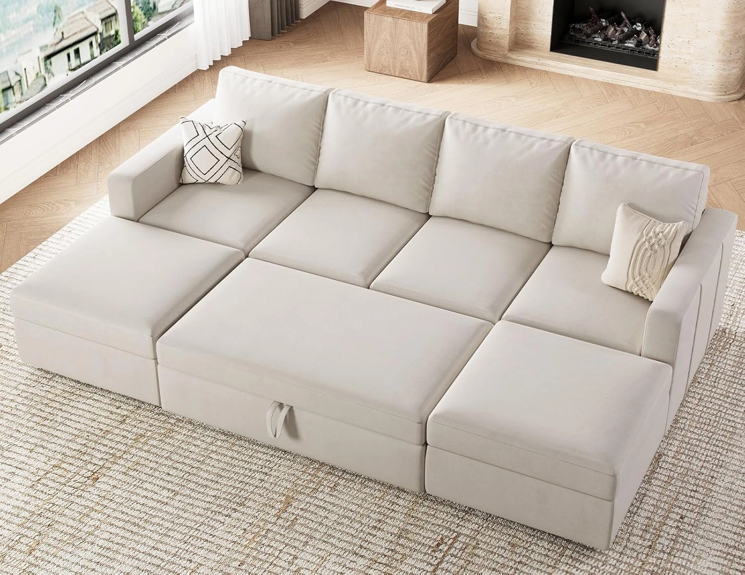 Belffin Modular Sectional Sleeper Sofa Bed with Pull Out Couch, U Shaped Sleeper Pull Out Bed, Convertible Sectional Couches for Living Room, Beige