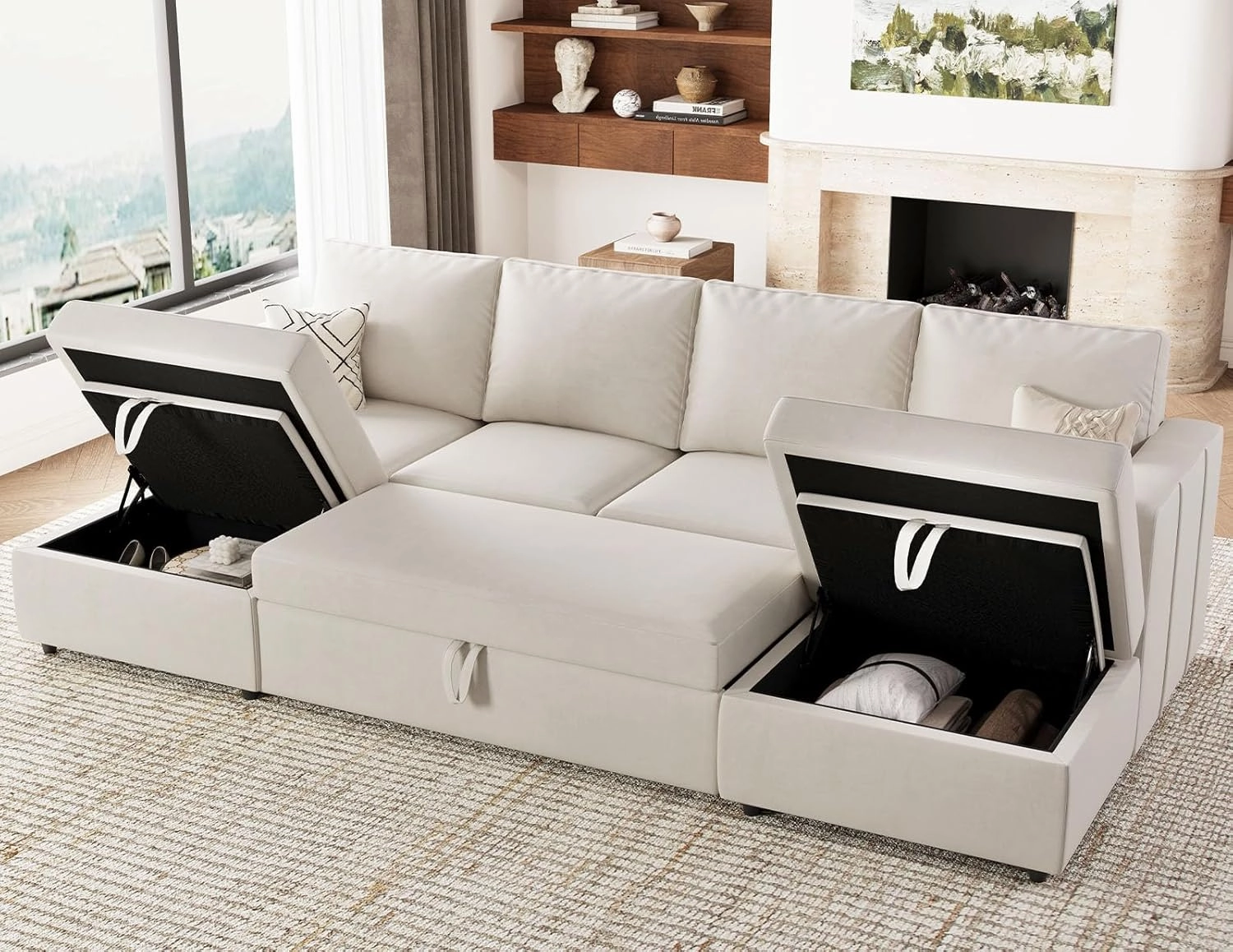 Belffin Modular Sectional Sleeper Sofa Bed with Pull Out Couch, U Shaped Sleeper Pull Out Bed, Convertible Sectional Couches for Living Room, Beige