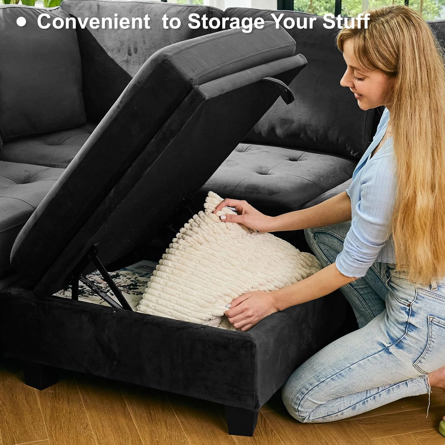 Belffin Modular Sectional Sleeper Sofa with Pull Out Bed U Shaped Sectional Sofa Couch with Storage Ottoman Velvet Covertible 7-Seater Sofa for Living Room Grey