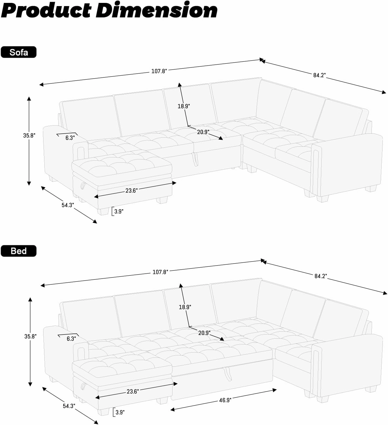 Belffin Modular Sectional Sleeper Sofa with Pull Out Bed U Shaped Sectional Sofa Couch with Storage Ottoman Velvet Covertible 7-Seater Sofa for Living Room Grey