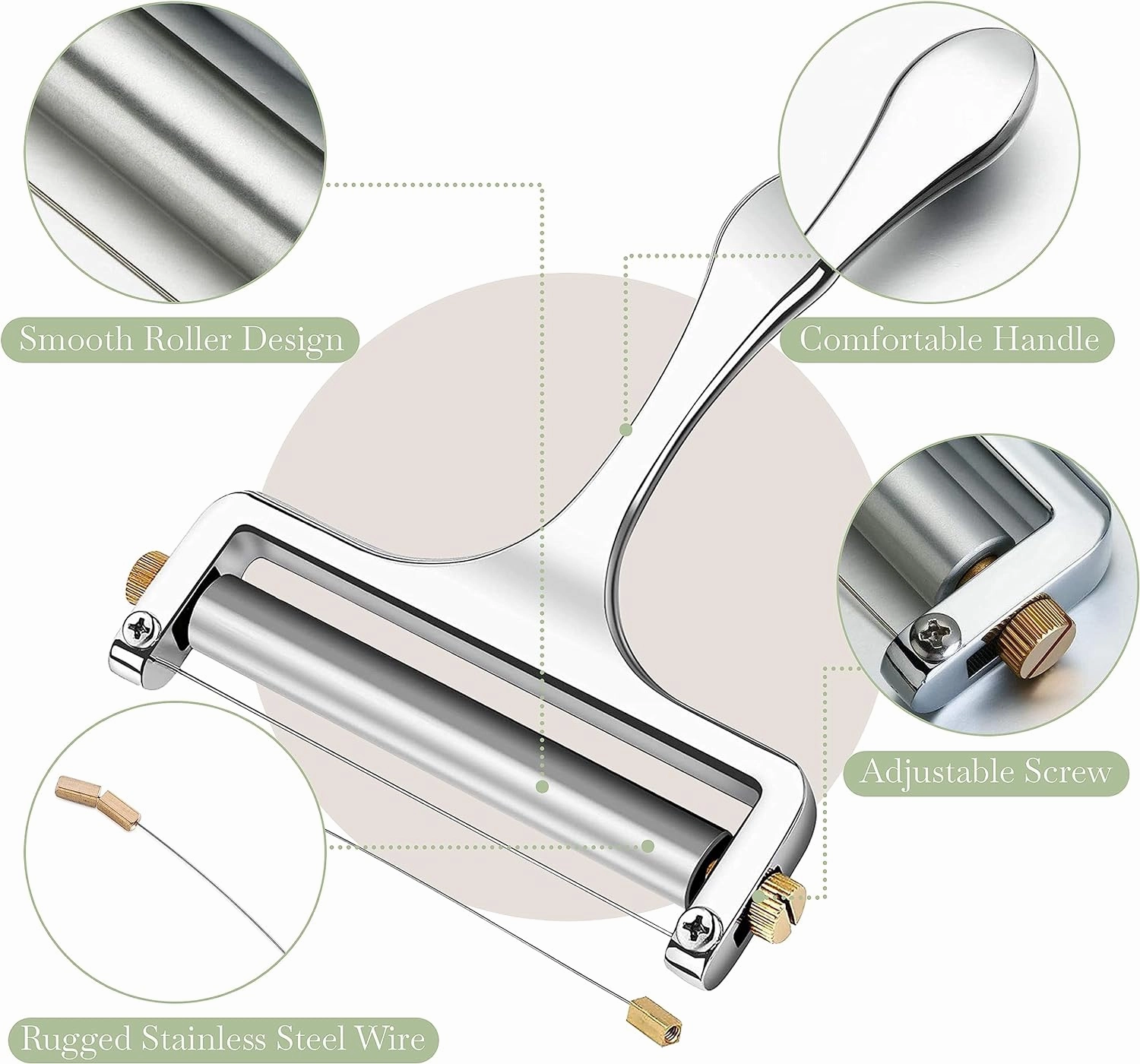 Bellemain Stainless Steel Wire Cheese Slicer - Hand Held Cutter for Cheddar, Gruyere, Raclette, Mozzarella Block, Adjustable Shaver, Thick & Thin Slicer, Curler (Silver)