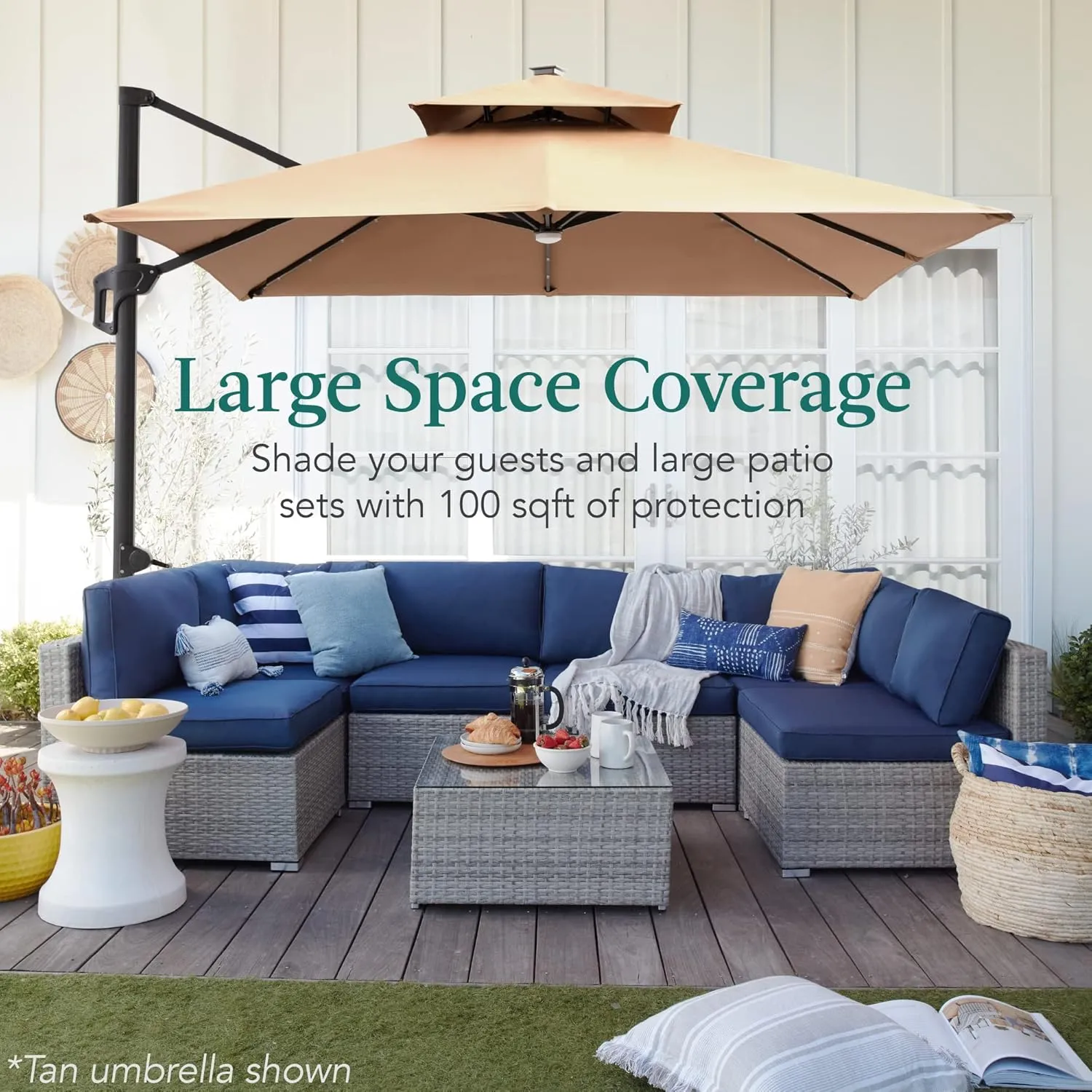 Best Choice Products 10x10ft Cantilever Patio Umbrella w/Base Included, Solar LED Lights 360 Rotation Large Offset Hanging Outdoor Shade for Deck Pool Backyard w/Stand – Tan