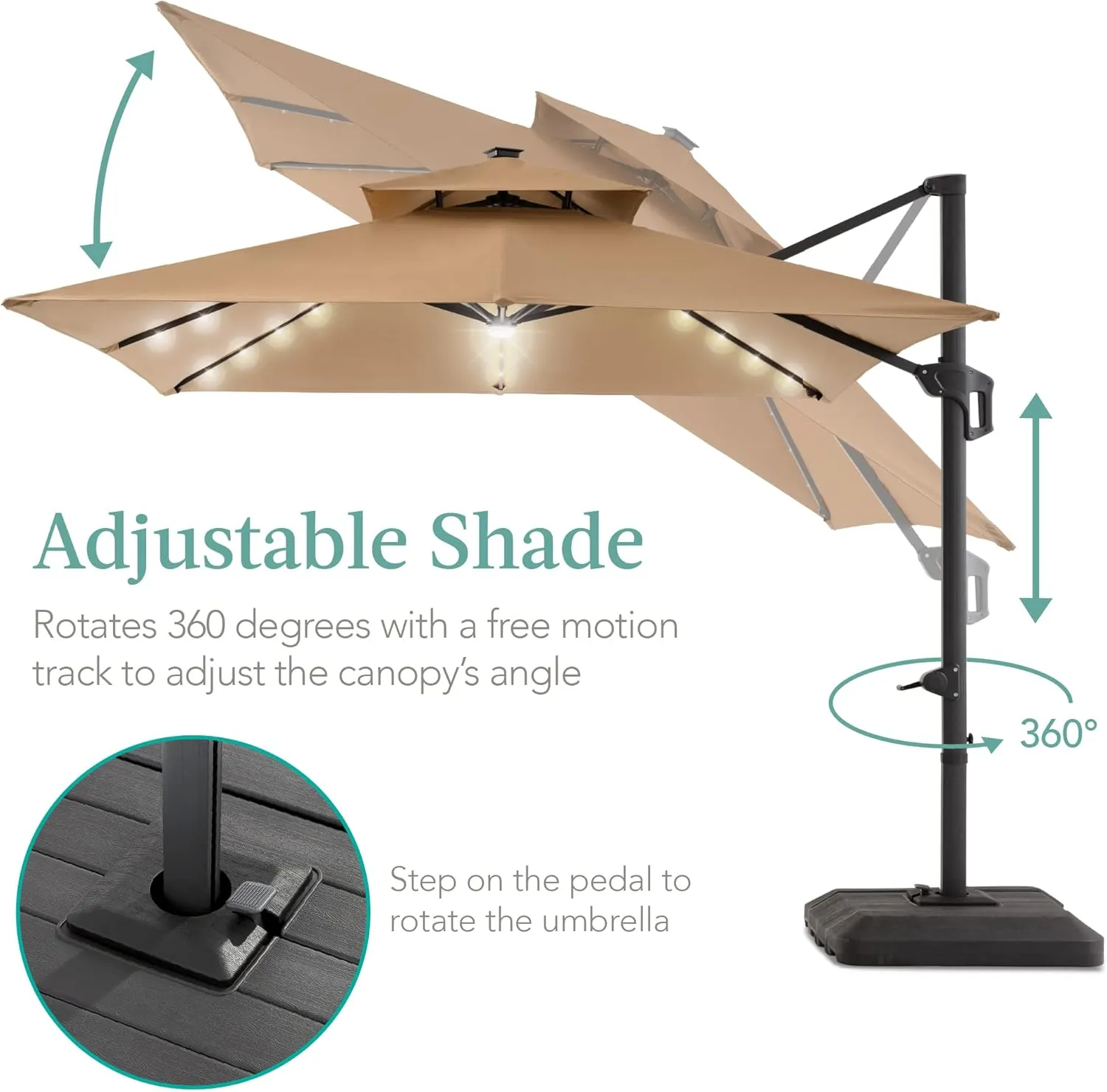 Best Choice Products 10x10ft Cantilever Patio Umbrella w/Base Included, Solar LED Lights 360 Rotation Large Offset Hanging Outdoor Shade for Deck Pool Backyard w/Stand – Tan