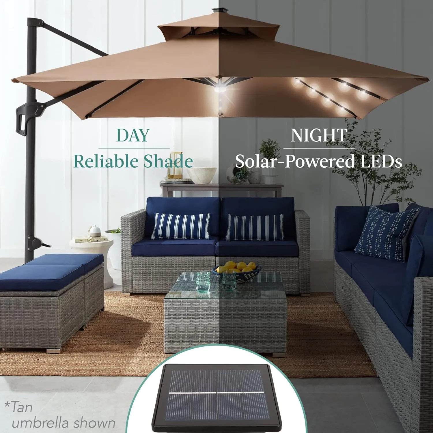 Best Choice Products 10x10ft Cantilever Patio Umbrella w/Base Included, Solar LED Lights 360 Rotation Large Offset Hanging Outdoor Shade for Deck Pool Backyard w/Stand – Tan