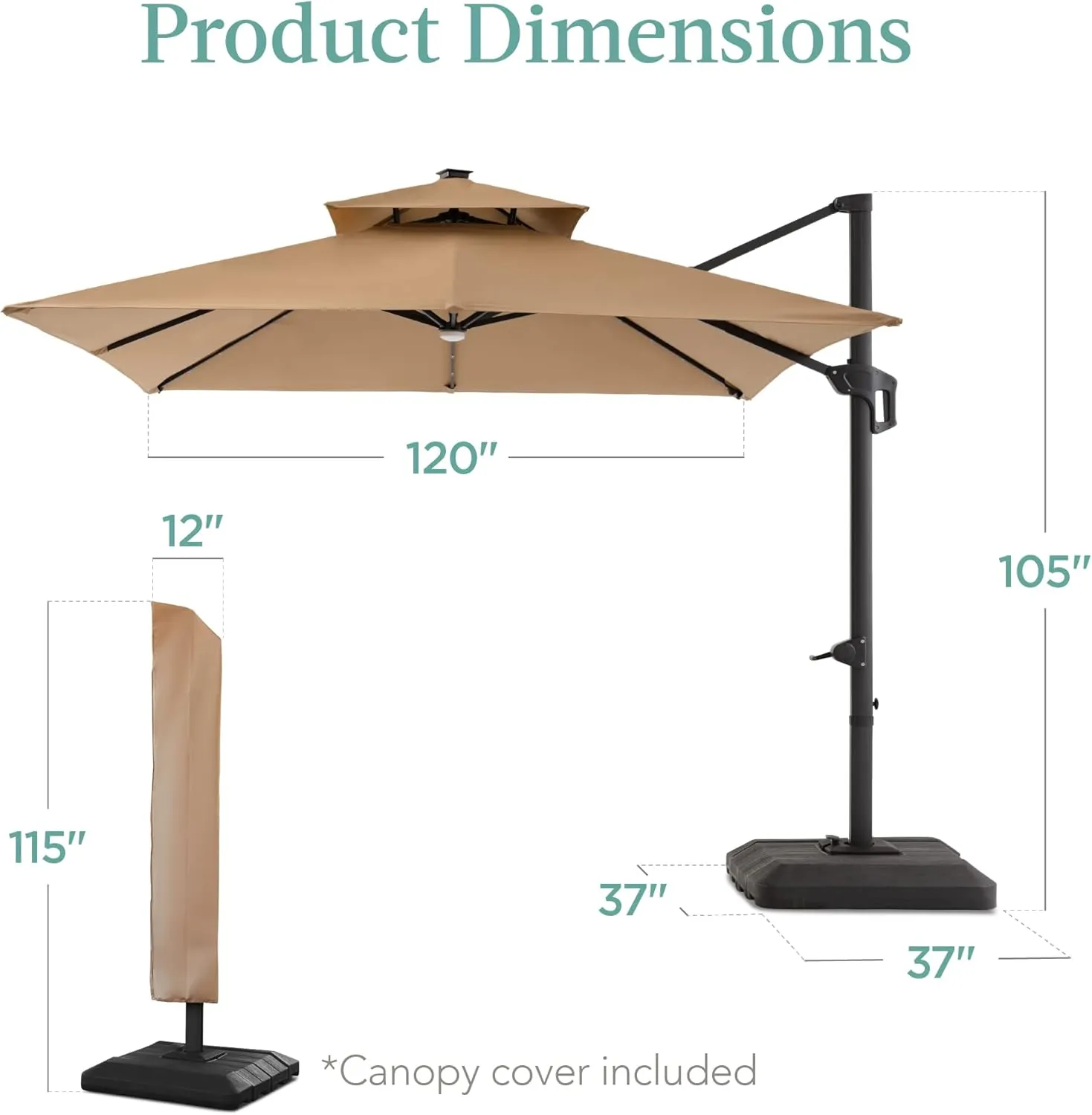 Best Choice Products 10x10ft Cantilever Patio Umbrella w/Base Included, Solar LED Lights 360 Rotation Large Offset Hanging Outdoor Shade for Deck Pool Backyard w/Stand – Tan