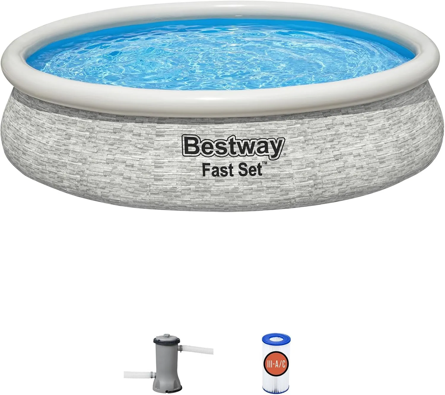 Bestway Fast Set 12' x 30" Round Inflatable Above Ground Swimming Pool Set, Stacked Stone Exterior Outdoor Family Pool with Filter Pump, Gray