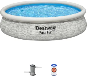 Bestway Fast Set 12' x 30" Round Inflatable Above Ground Swimming Pool Set, Stacked Stone Exterior Outdoor Family Pool with Filter Pump, Gray