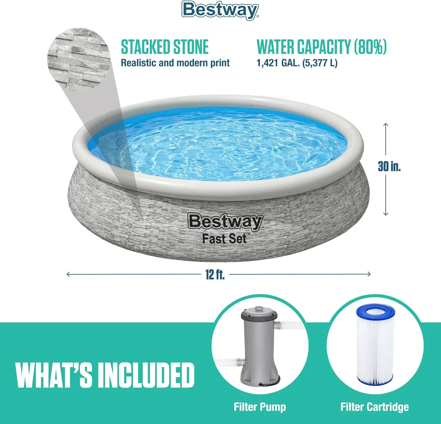 Bestway Fast Set 12' x 30" Round Inflatable Above Ground Swimming Pool Set, Stacked Stone Exterior Outdoor Family Pool with Filter Pump, Gray