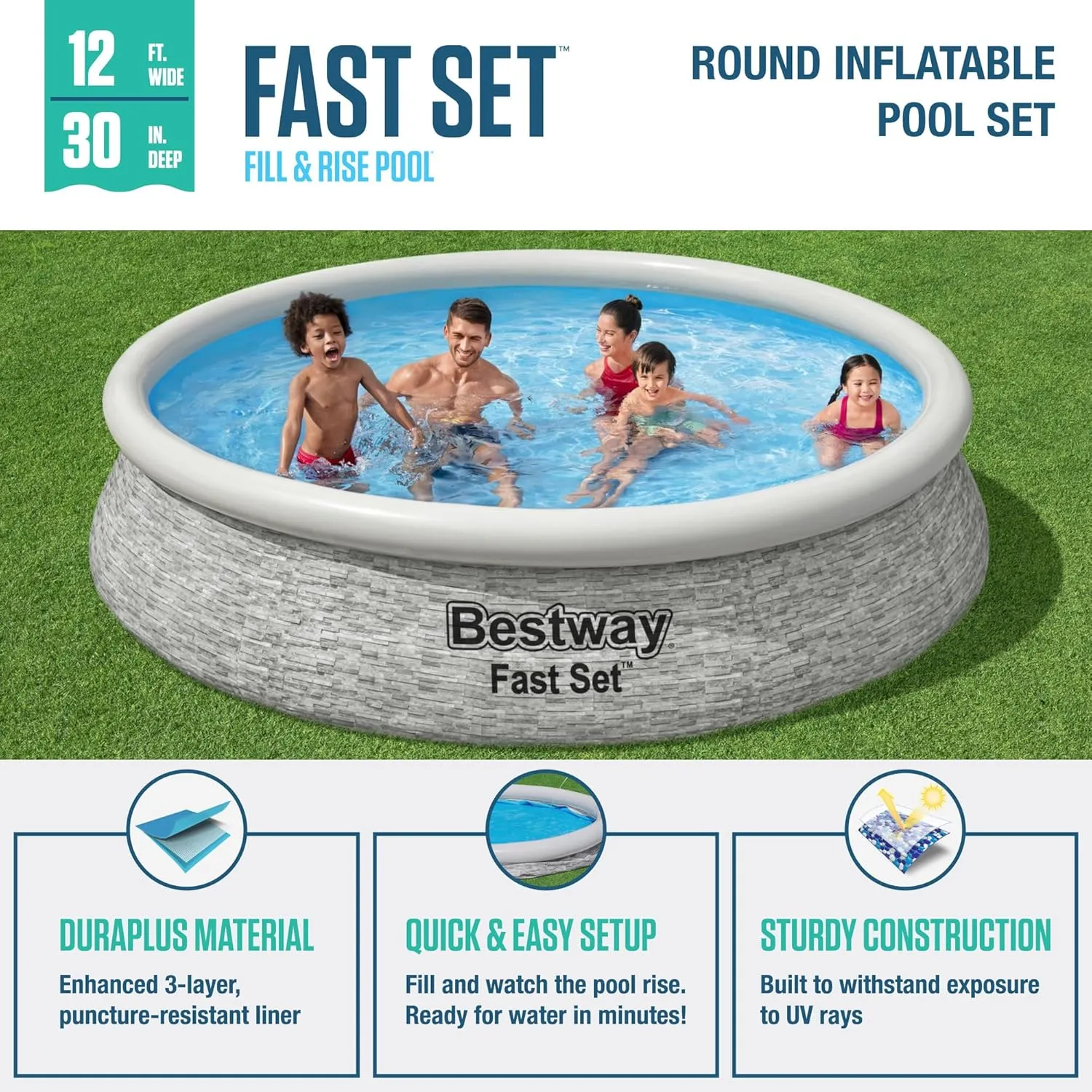 Bestway Fast Set 12' x 30" Round Inflatable Above Ground Swimming Pool Set, Stacked Stone Exterior Outdoor Family Pool with Filter Pump, Gray