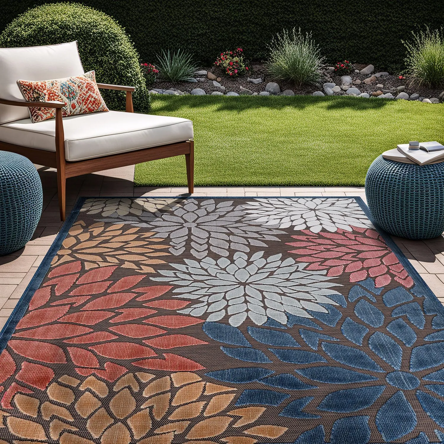 Beverly Rug Outdoor Rug 5x7 Modern Floral Tropical Area Rugs for Indoor and Outdoor Patio Easy to Clean Non Shedding Living Room Porch Garden Washable Outside Carpet (5 x 7 Brown)
