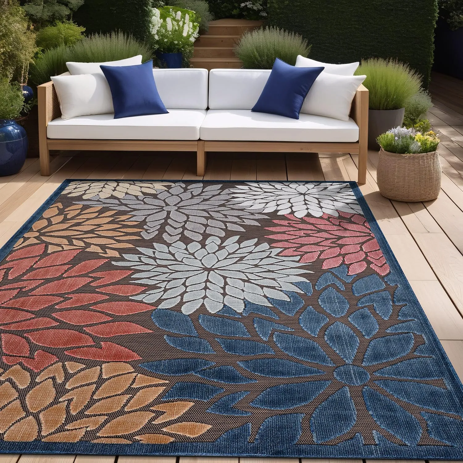 Beverly Rug Outdoor Rug 5x7 Modern Floral Tropical Area Rugs for Indoor and Outdoor Patio Easy to Clean Non Shedding Living Room Porch Garden Washable Outside Carpet (5 x 7 Brown)