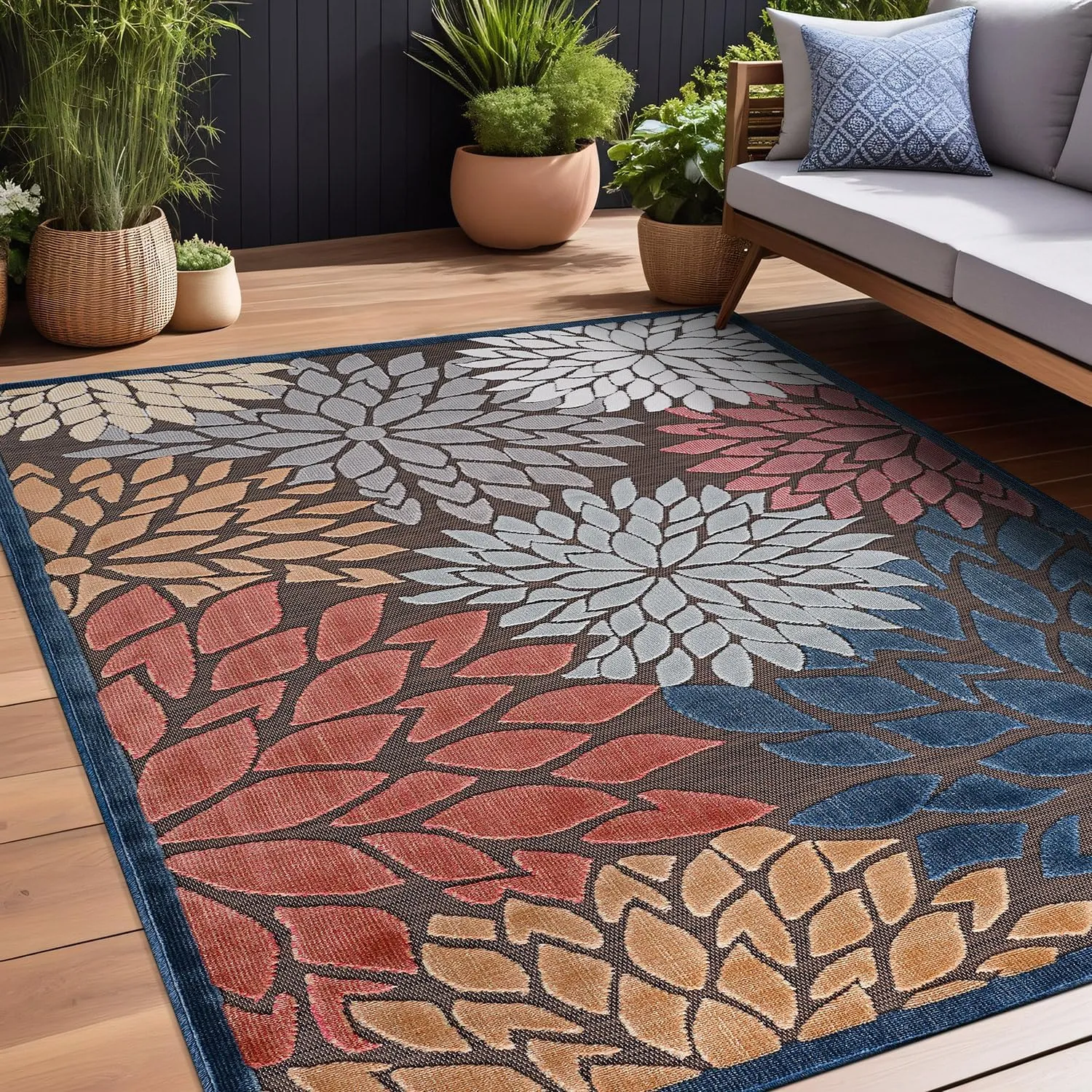 Beverly Rug Outdoor Rug 5x7 Modern Floral Tropical Area Rugs for Indoor and Outdoor Patio Easy to Clean Non Shedding Living Room Porch Garden Washable Outside Carpet (5 x 7 Brown)