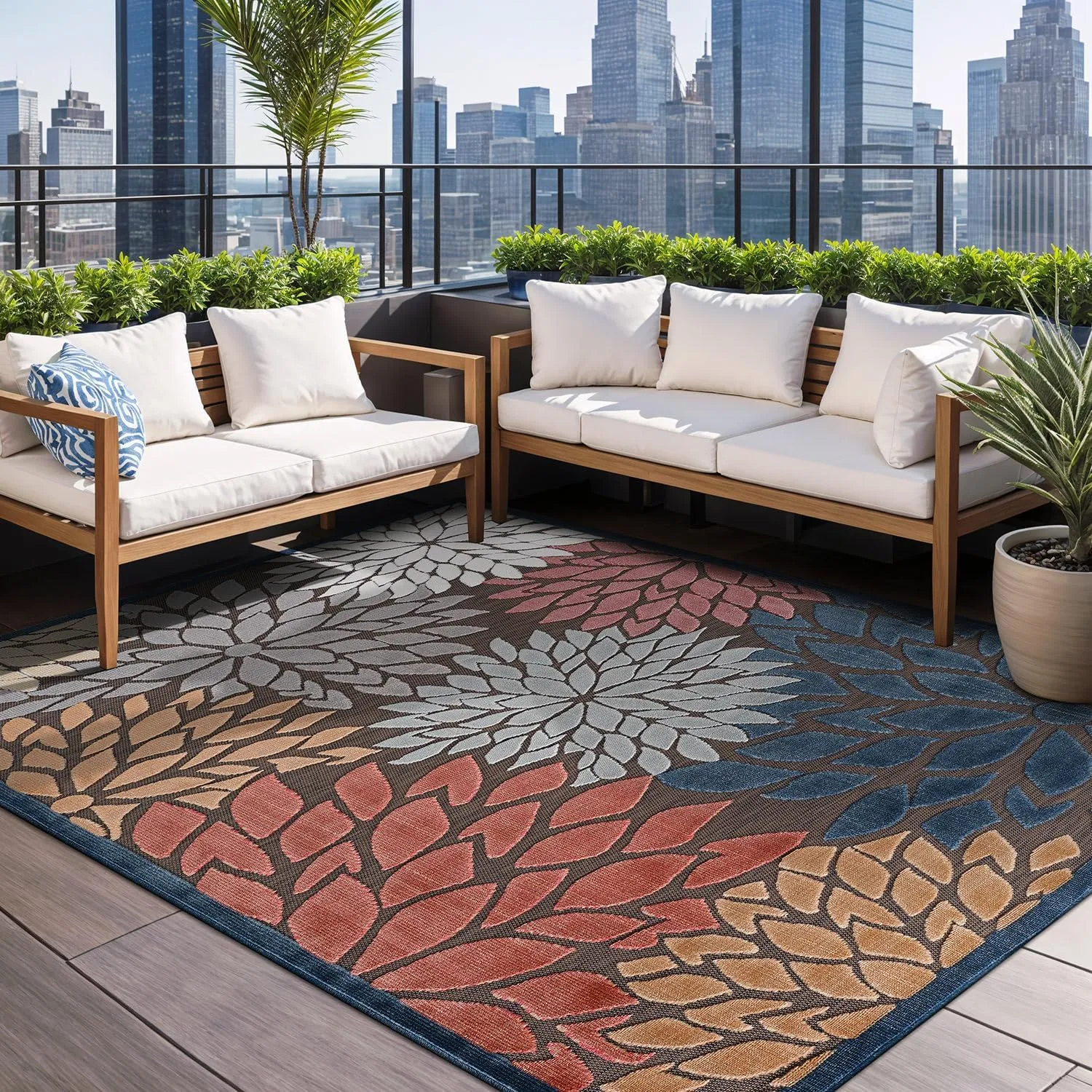 Beverly Rug Outdoor Rug 5x7 Modern Floral Tropical Area Rugs for Indoor and Outdoor Patio Easy to Clean Non Shedding Living Room Porch Garden Washable Outside Carpet (5 x 7 Brown)