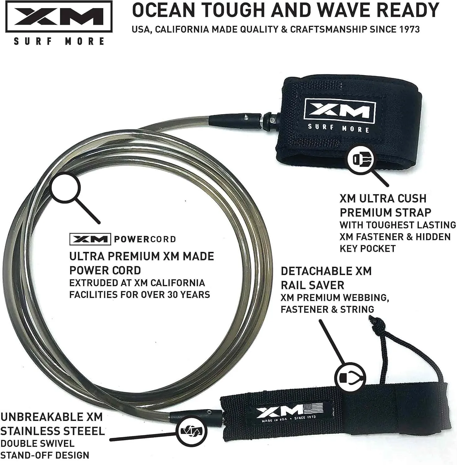 Big Wave Premium Surfboard Leash, 5/6/7/8/9/10/12/15ft Lengths, Big Wave (.313in) Cord Thickness, Many Colors, Key Pocket, Unbreakable Swivels, Detachable Railsaver, Made in USA