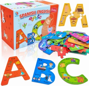Bilingual Spanish English Alphabet ABC Puzzle Jigsaw for Toddlers, Age 5 , Montessori Preschool Kindergarten ABC Sight Words Letter Puzzle 27 Letters Double-Sided with Gift Box
