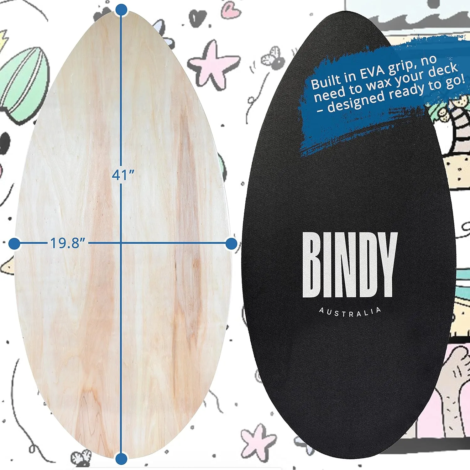 BINDY Australia Skimboard for Beach Kids with Storage Travel Bag - 41” Beginner to Intermediate Wooden Skim Board - Kids Beach Skim Boards for Beginners Durable, Lightweight Wood Body Board with EVA Grip Pad