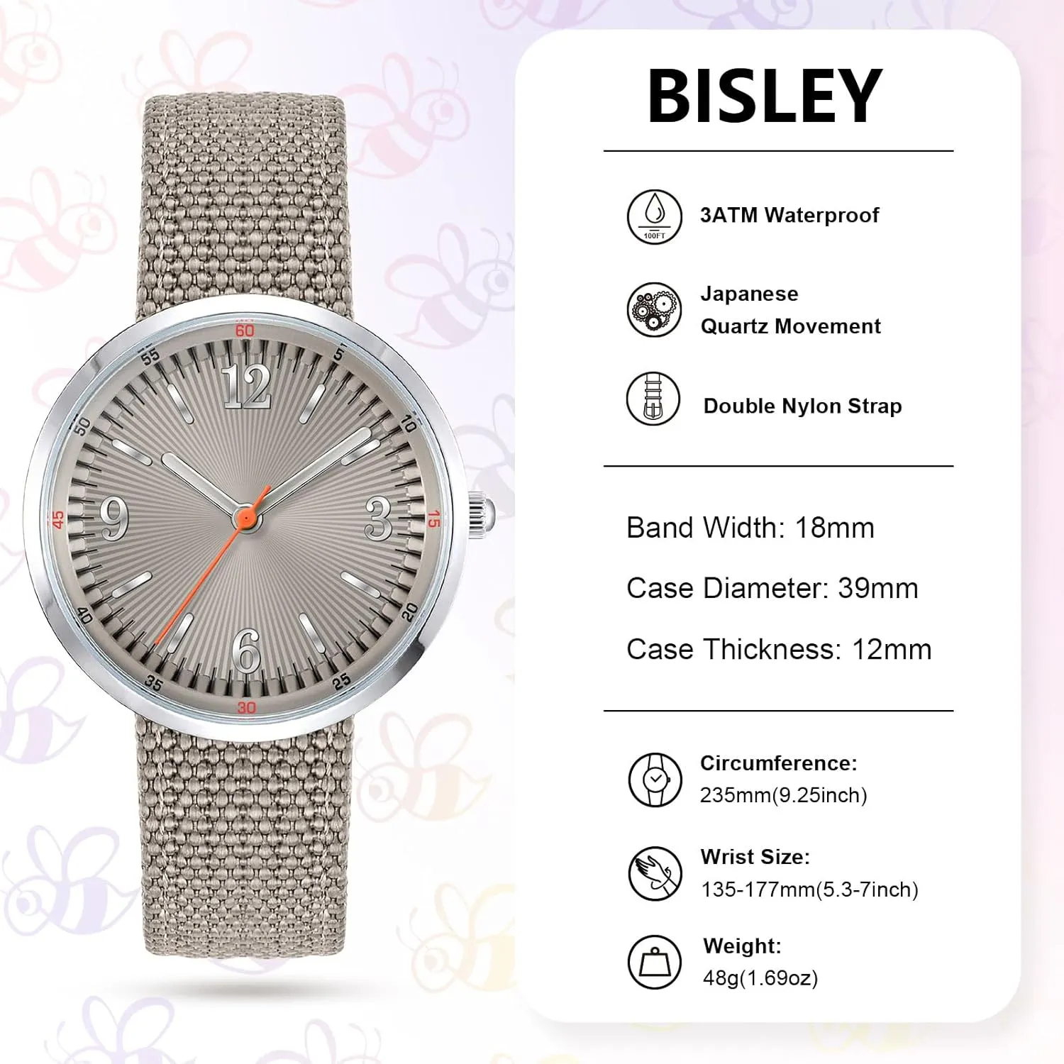 Bisley 39MM Watch for Women Comfortable Strap Arabic Number Easy to Read Waterproof Watch