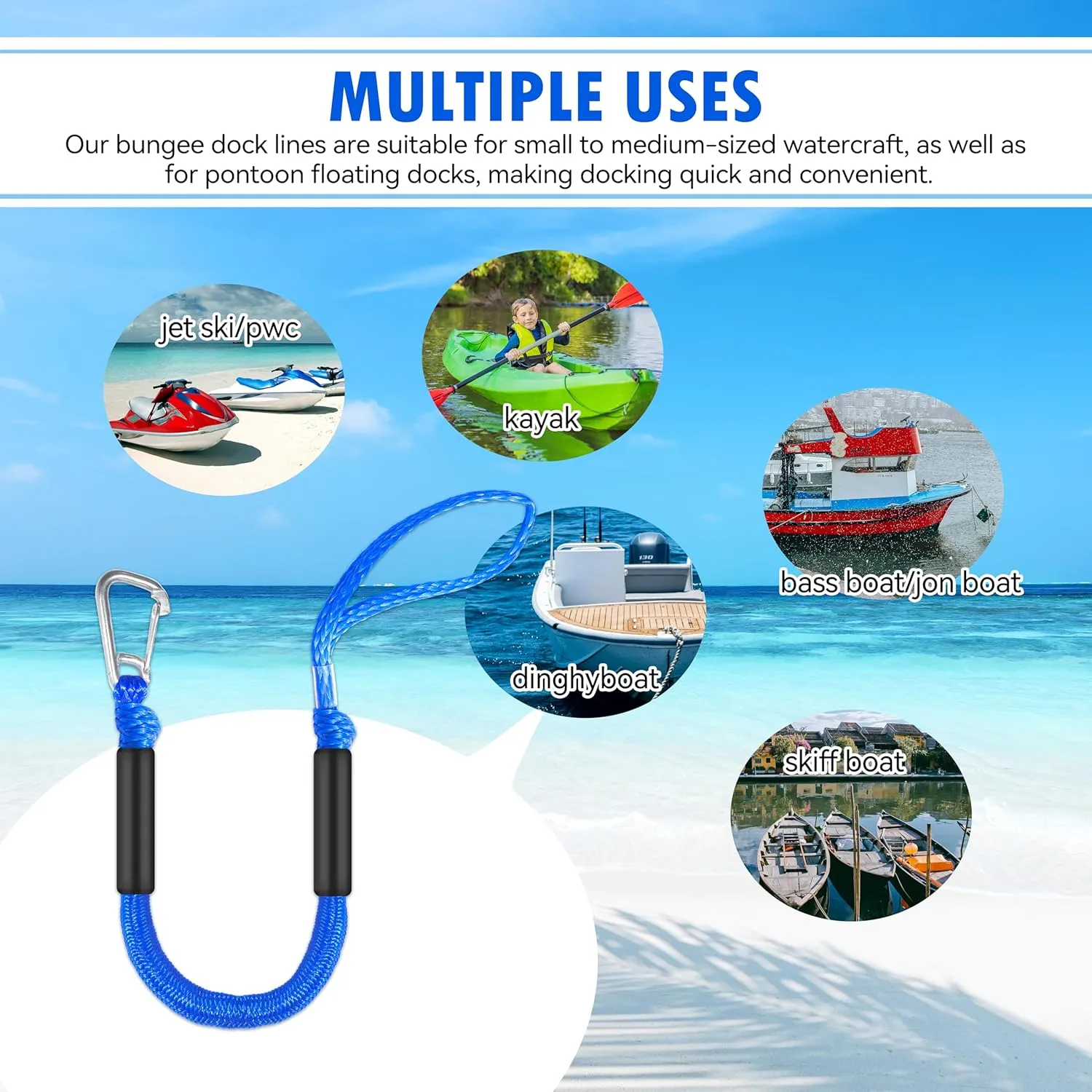 Blue 2.5ft Bungee Dock Line - High Visibility Elastic Boat Rope for Canoe, Sea-Doo, Pontoon | Quick-Release Clip & Floating Design (3.5ft Extended Length, Pack of 2