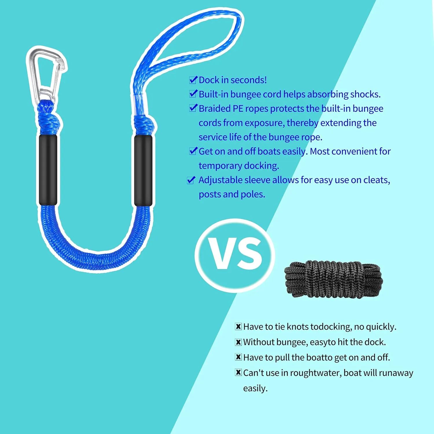 Blue 2.5ft Bungee Dock Line - High Visibility Elastic Boat Rope for Canoe, Sea-Doo, Pontoon | Quick-Release Clip & Floating Design (3.5ft Extended Length, Pack of 2