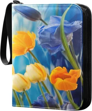 Blue Beautiful Butterflies Card Binder 4 Pocket Collectible Trading Card Albums with 50 Sleeves Double Side PU Waterproof 3 Ring for Sports & Game Cards