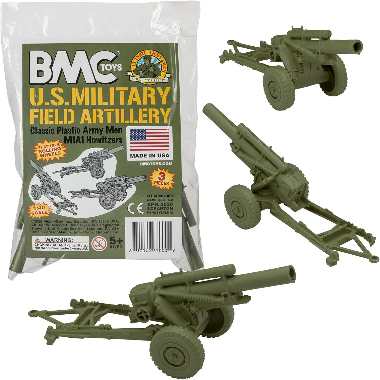 BMC Classic Marx US Howitzers - OD Green 3pc Plastic Army Men Field Artillery
