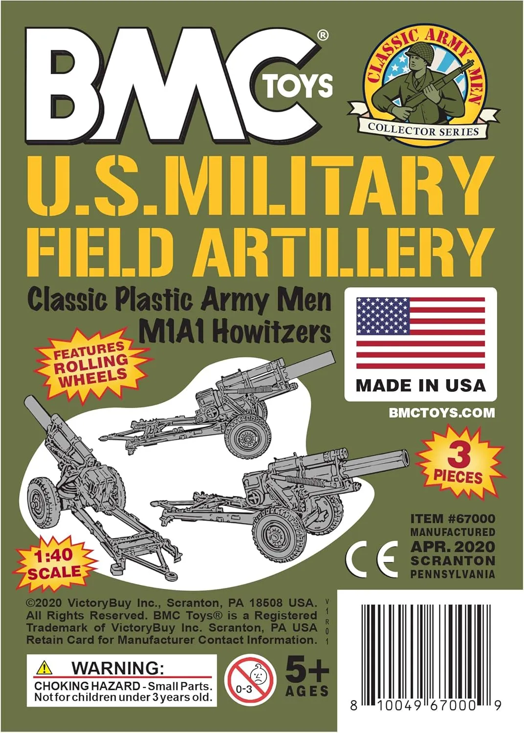 BMC Classic Marx US Howitzers - OD Green 3pc Plastic Army Men Field Artillery