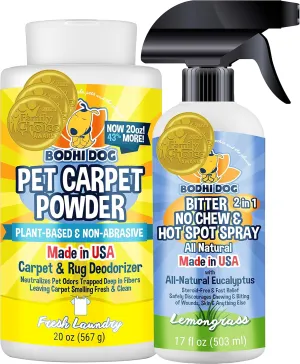 Bodhi Dog Pet Carpet Powder - Fresh Linen 20oz   Bitter 2 in 1 No Chew & Hot Spot Spray 17oz Bundle