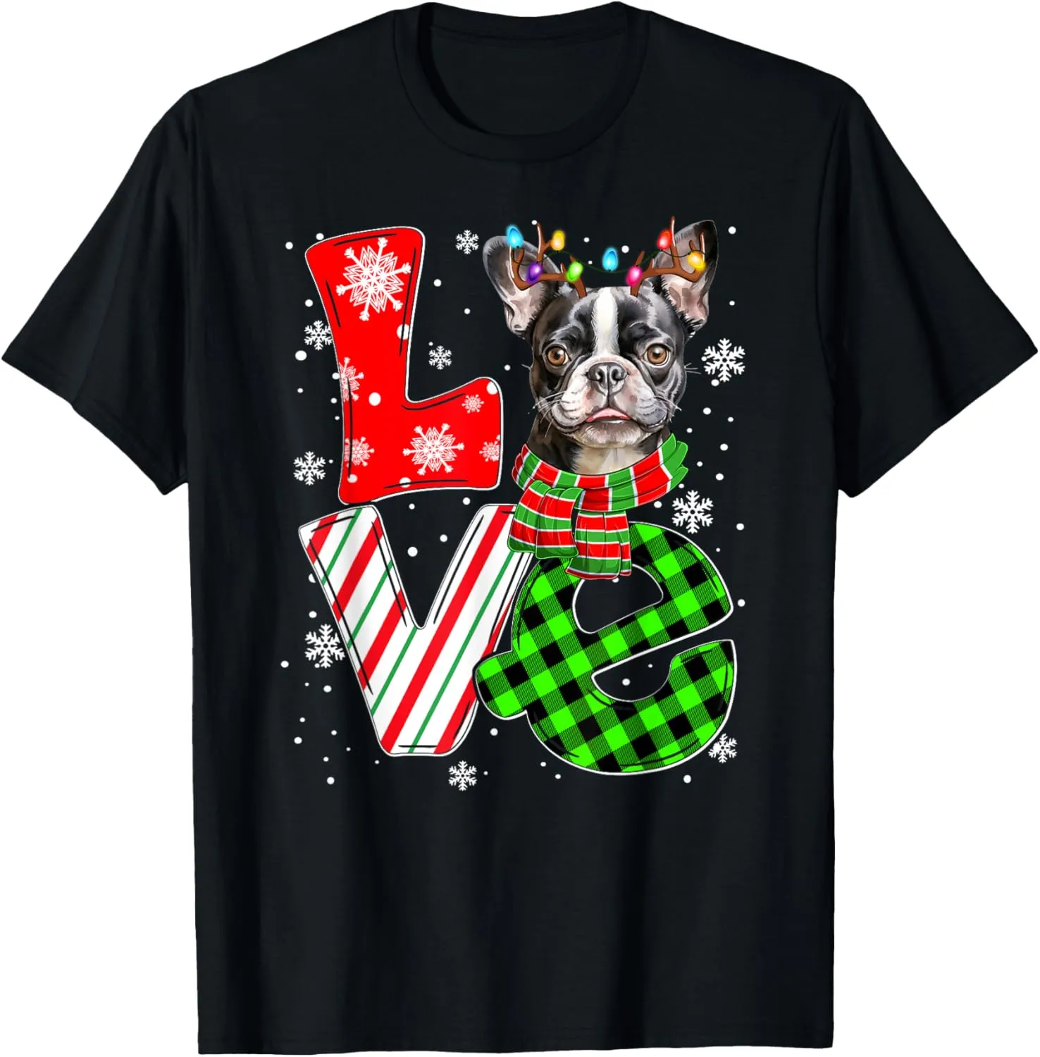 Boston Terrier Christmas Tree Lights Santa Dog Xmas T-Shirt