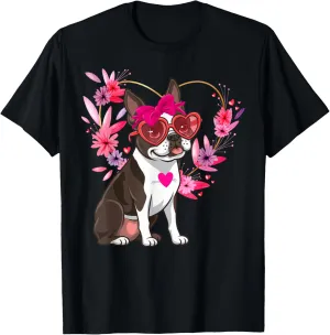 Boston Terrier Dog Mom Valentine's Day Floral Heart Design T-Shirt