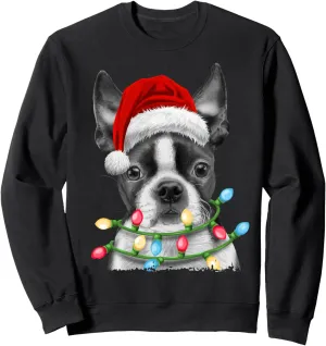 Boston Terrier Santa Christmas Tree Lights Xmas Boys Men Dog Sweatshirt
