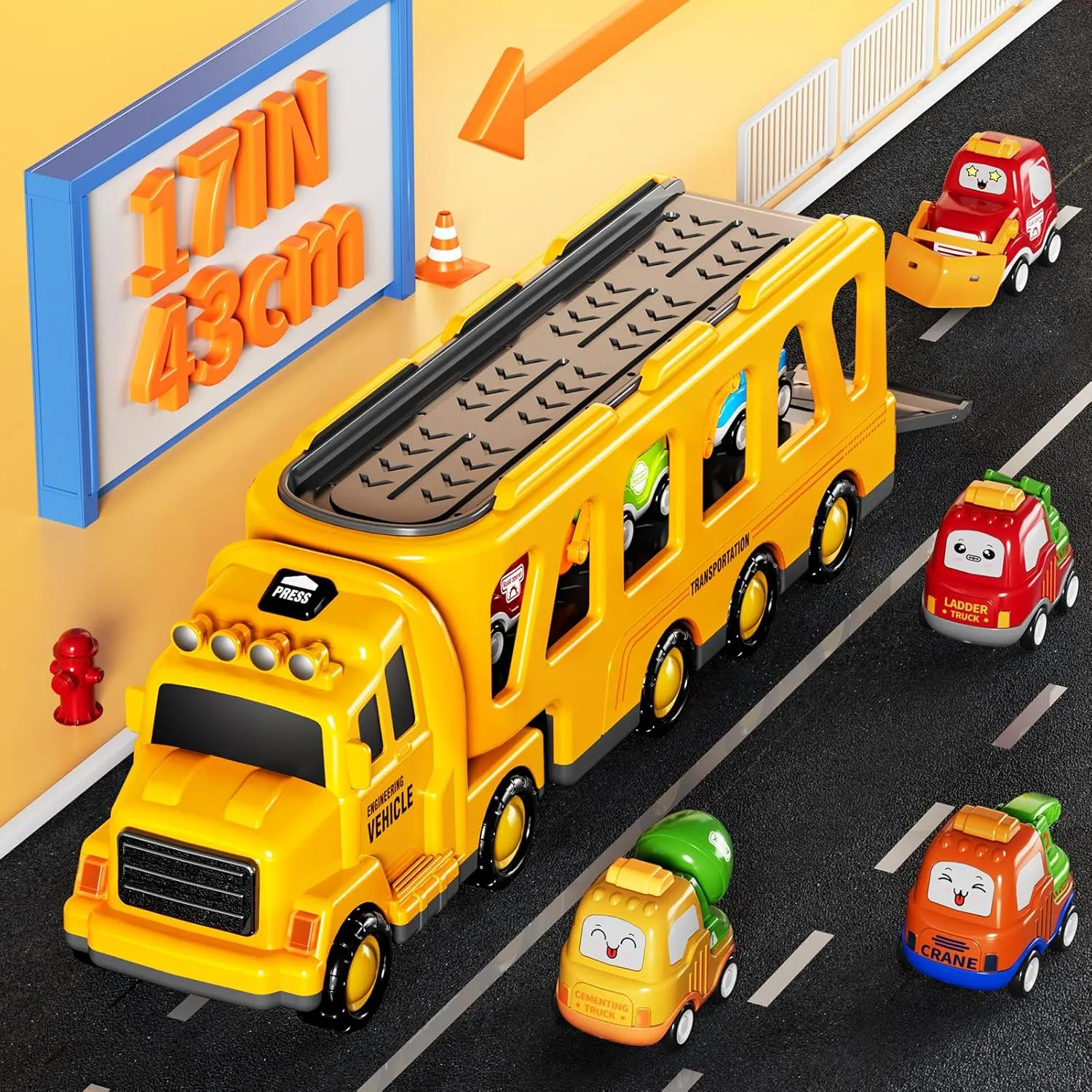 Boy Toddler Trucks Toys for Boys Kids, 16.9-in Longer Transport Construction Truck with 6 Cars, Car Truck Toys with Lights & Sounds, Birthday Gift for 3 4 5 Years Old Boys and Girls