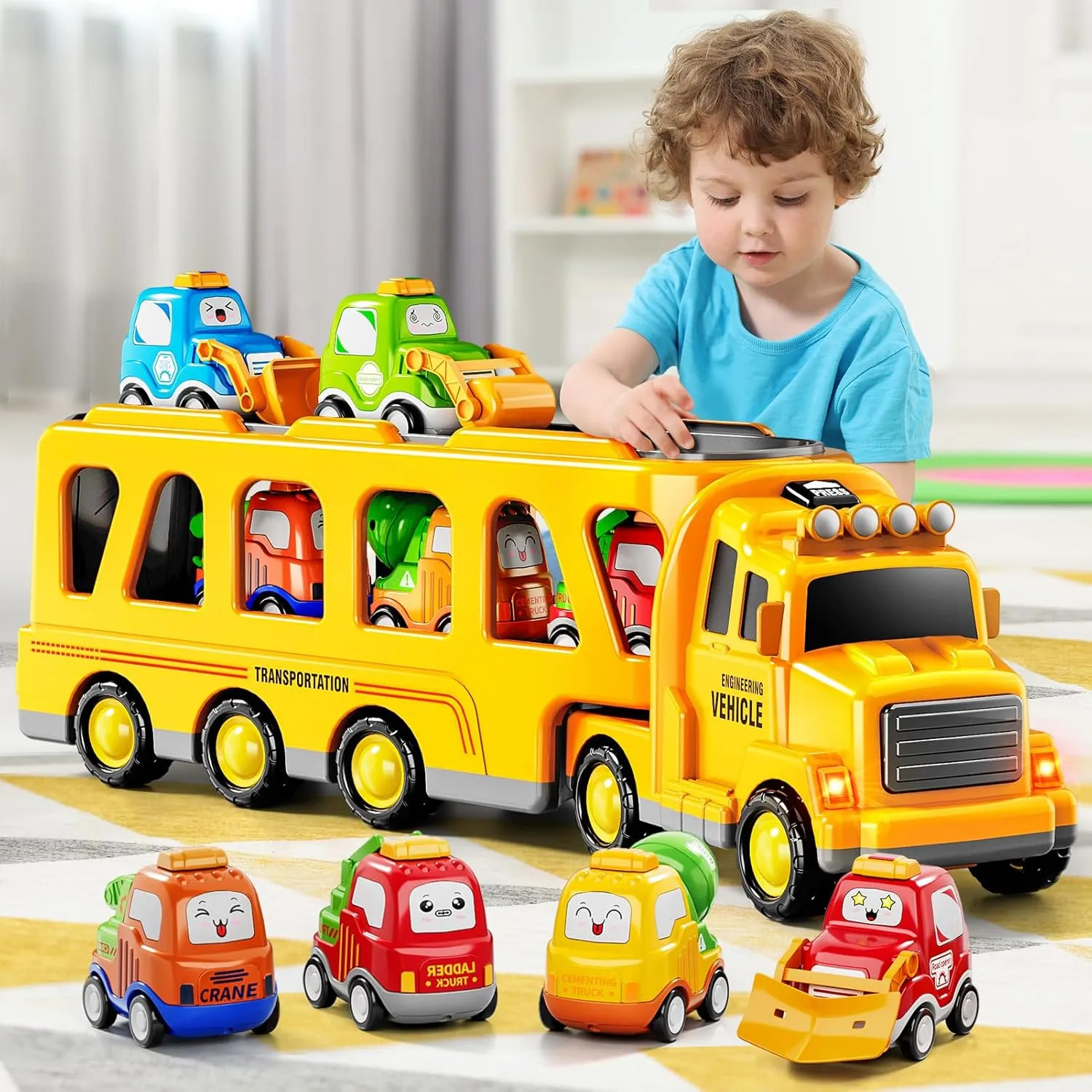 Boy Toddler Trucks Toys for Boys Kids, 16.9-in Longer Transport Construction Truck with 6 Cars, Car Truck Toys with Lights & Sounds, Birthday Gift for 3 4 5 Years Old Boys and Girls