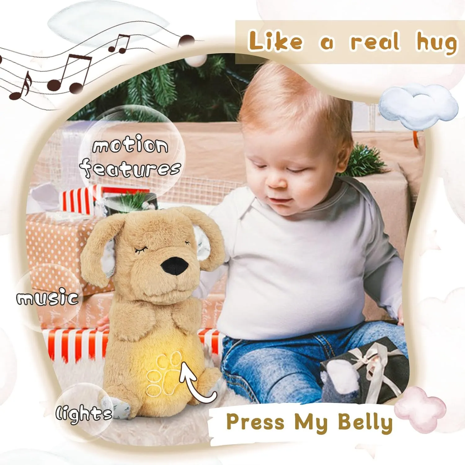 Breathing Stuffed Animal, Dog Plushies, Puppy Buddy Gifts, Lullaby with Music Lights & Breathing Motion, Calming Toy Gift for Kids and Adults (Brown)