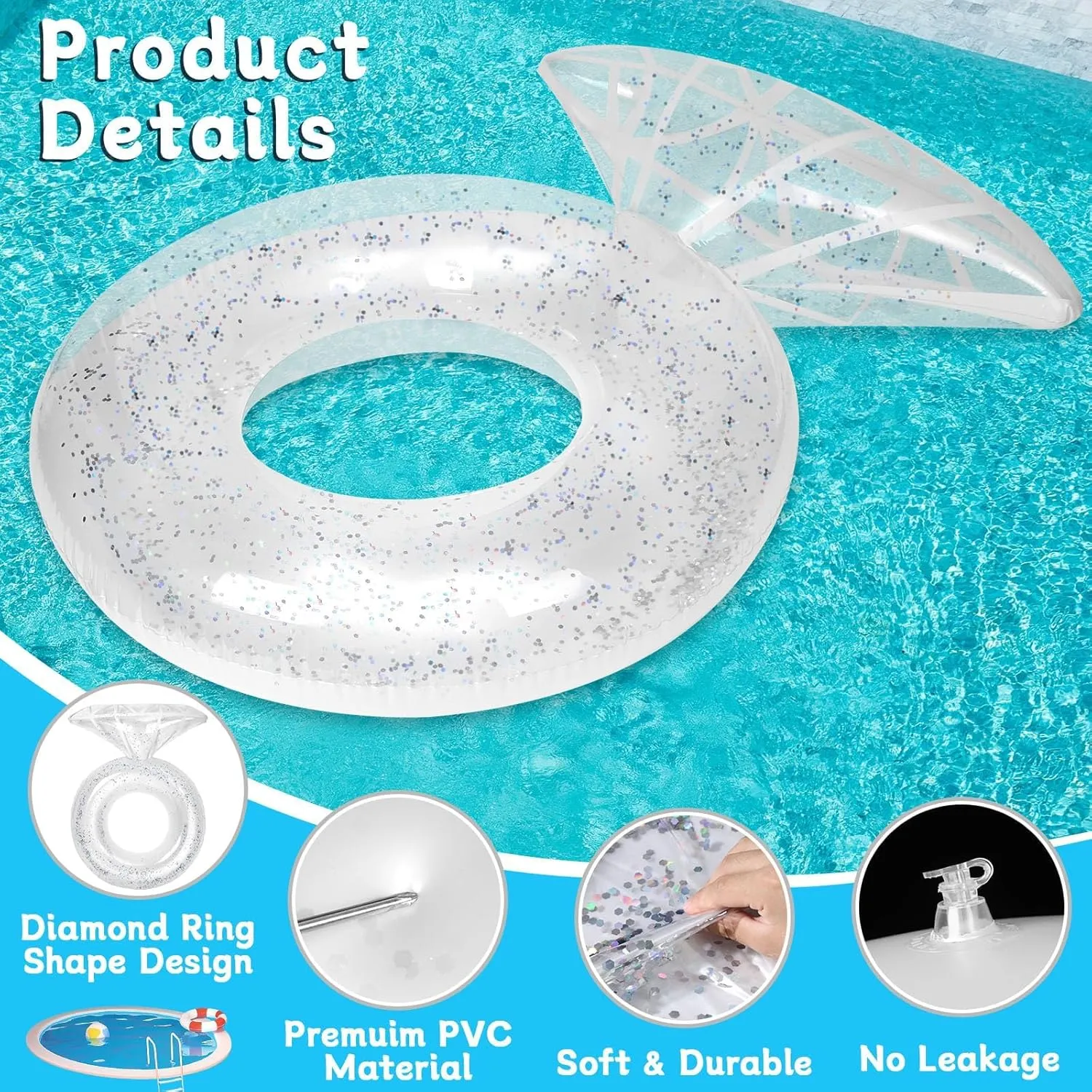 Bride Diamond Ring Pool Float & Towel Set Bachelorette Party Decorations Inflatable Diamond Bride Pool Float Bridal Shower Gifts Engagement Party Accessories Swimming Tube Wedding Photo Prop(Silver)