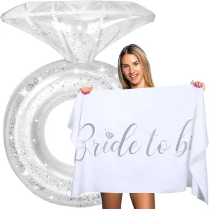 Bride Diamond Ring Pool Float & Towel Set Bachelorette Party Decorations Inflatable Diamond Bride Pool Float Bridal Shower Gifts Engagement Party Accessories Swimming Tube Wedding Photo Prop(Silver)