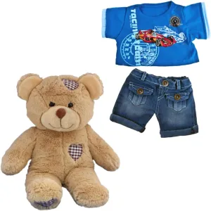 Brown Teddy Bear Stuffed Animal, 16 Inch Soft Plush Toy with Racecar T-Shirt & Jeans, Cuddly Bear Plushie for Kids, Gifts, and Collectors