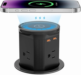 BTU Pop Up Outlet for Kitchen Countertop with 15W Wireless Charger, 20W USB C Fast Charging & 4 AC Outlet, 3 3/8" Hole Desk Charging Station Pop Out Outlet for Office, Conference, Kitchen Use