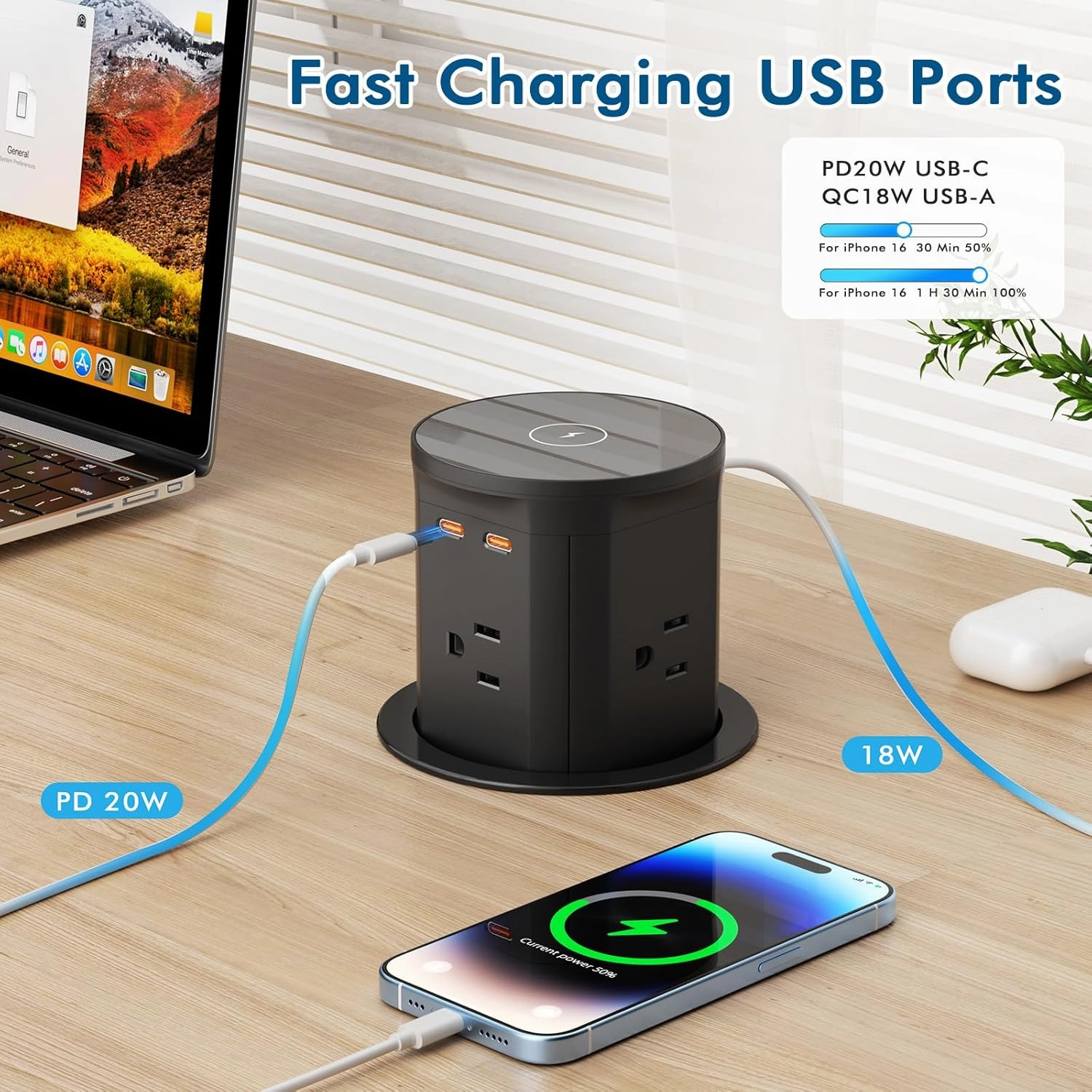 BTU Pop Up Outlet for Kitchen Countertop with 15W Wireless Charger, 20W USB C Fast Charging & 4 AC Outlet, 3 3/8" Hole Desk Charging Station Pop Out Outlet for Office, Conference, Kitchen Use