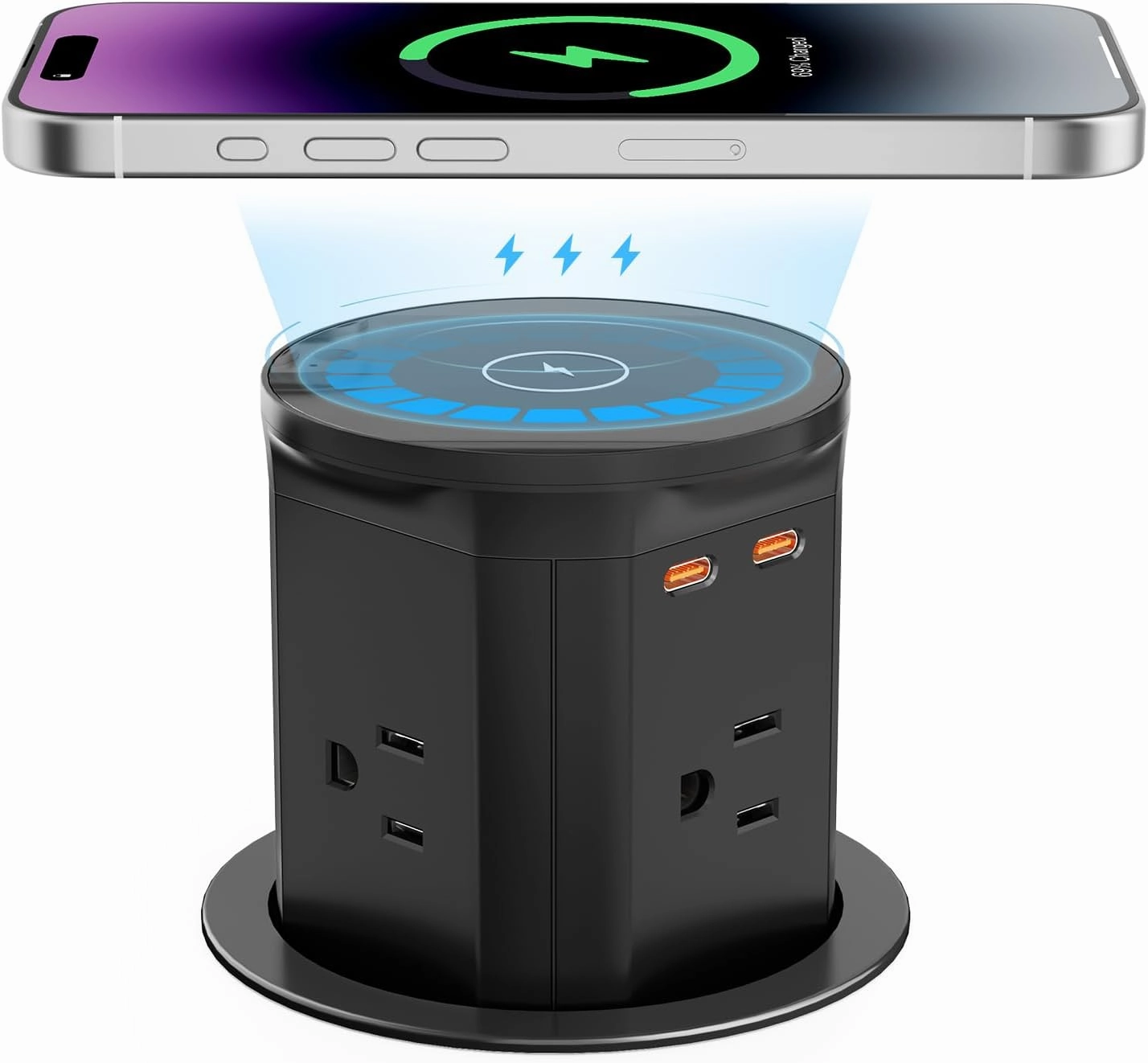 BTU Pop Up Outlet for Kitchen Countertop with 15W Wireless Charger, 20W USB C Fast Charging & 4 AC Outlet, 3 3/8" Hole Desk Charging Station Pop Out Outlet for Office, Conference, Kitchen Use