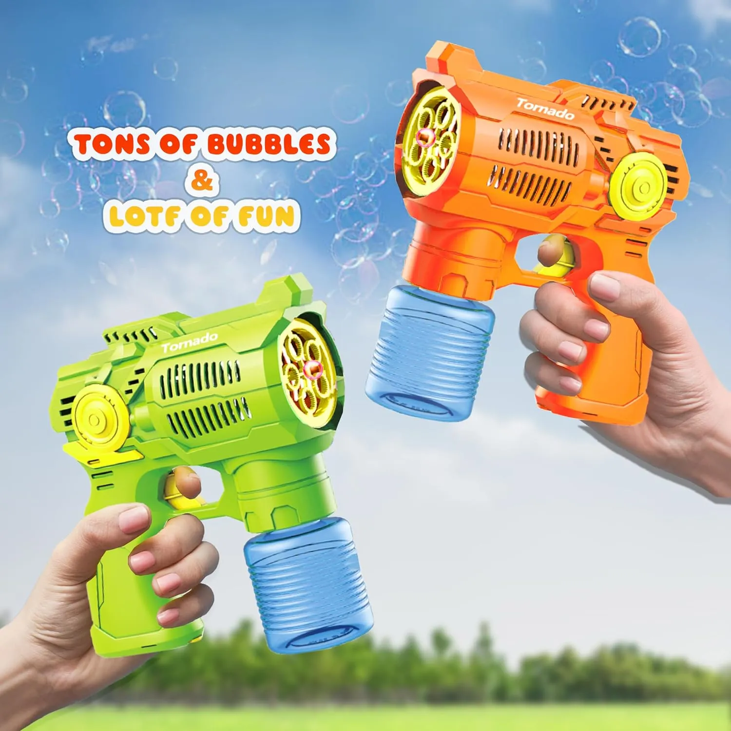 Bubble Maker Gun Set: Bubble Blower Toys for Kids Toddlers Boys Girls | Ideal for Outdoor Play, Easter Basket Stuffers & Birthday Gifts | Batteries and Refill Bottles Included (Green & Orange)
