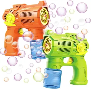 Bubble Maker Gun Set: Bubble Blower Toys for Kids Toddlers Boys Girls | Ideal for Outdoor Play, Easter Basket Stuffers & Birthday Gifts | Batteries and Refill Bottles Included (Green & Orange)