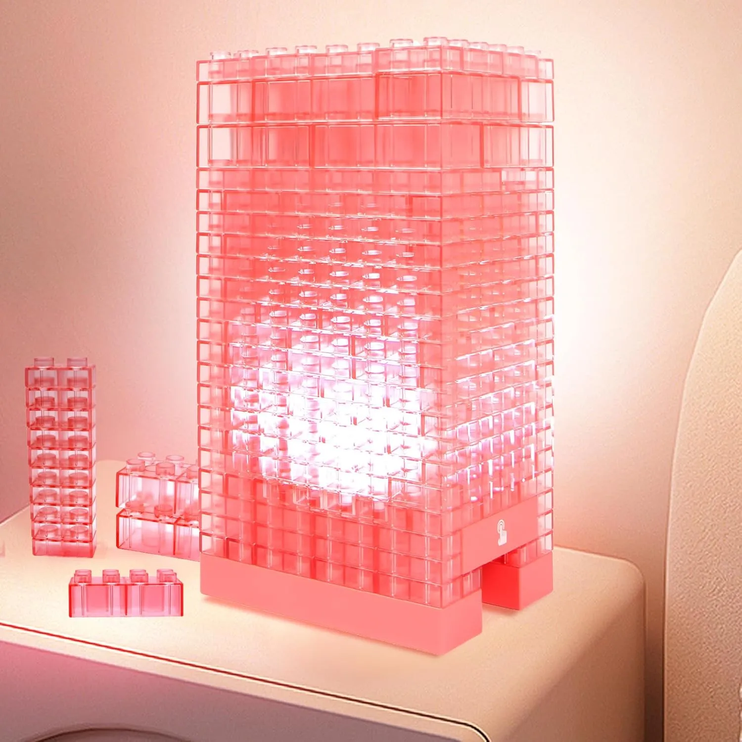 Building Blocks Desk Lamp,Touch Desk Light 3 Brightness, Creative Play Set Blocks Classic Toy, Bedside Lamp for Kids Teens Bedroom (Pink)