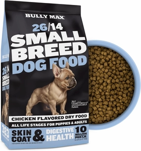 Bully Max 26/14 Small Breed Dry Dog Food for Skin, Coat & Sensitive Stomach - Natural Chicken & Rice Soft Kibble Bites for Puppies & Adult Dogs - French Bulldog, Frenchie, Mini Breed Puppy Food, 5lb.