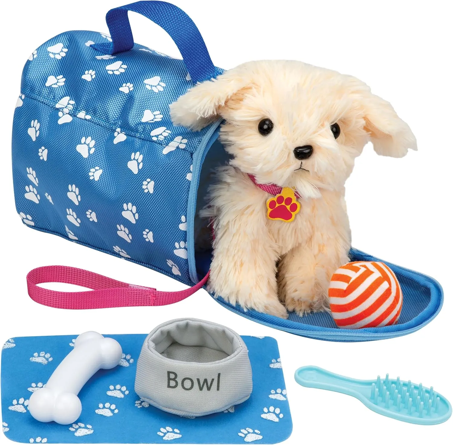 Bundaloo Plush Puppy Dog Playset and Carrier for Toddlers - Accessories Includes Leash, Food Bowl, Brush, Toy Ball, Toy Bone, Bed, and Blanket for 18" Dolls