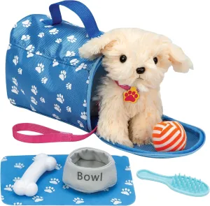 Bundaloo Plush Puppy Dog Playset and Carrier for Toddlers - Accessories Includes Leash, Food Bowl, Brush, Toy Ball, Toy Bone, Bed, and Blanket for 18" Dolls