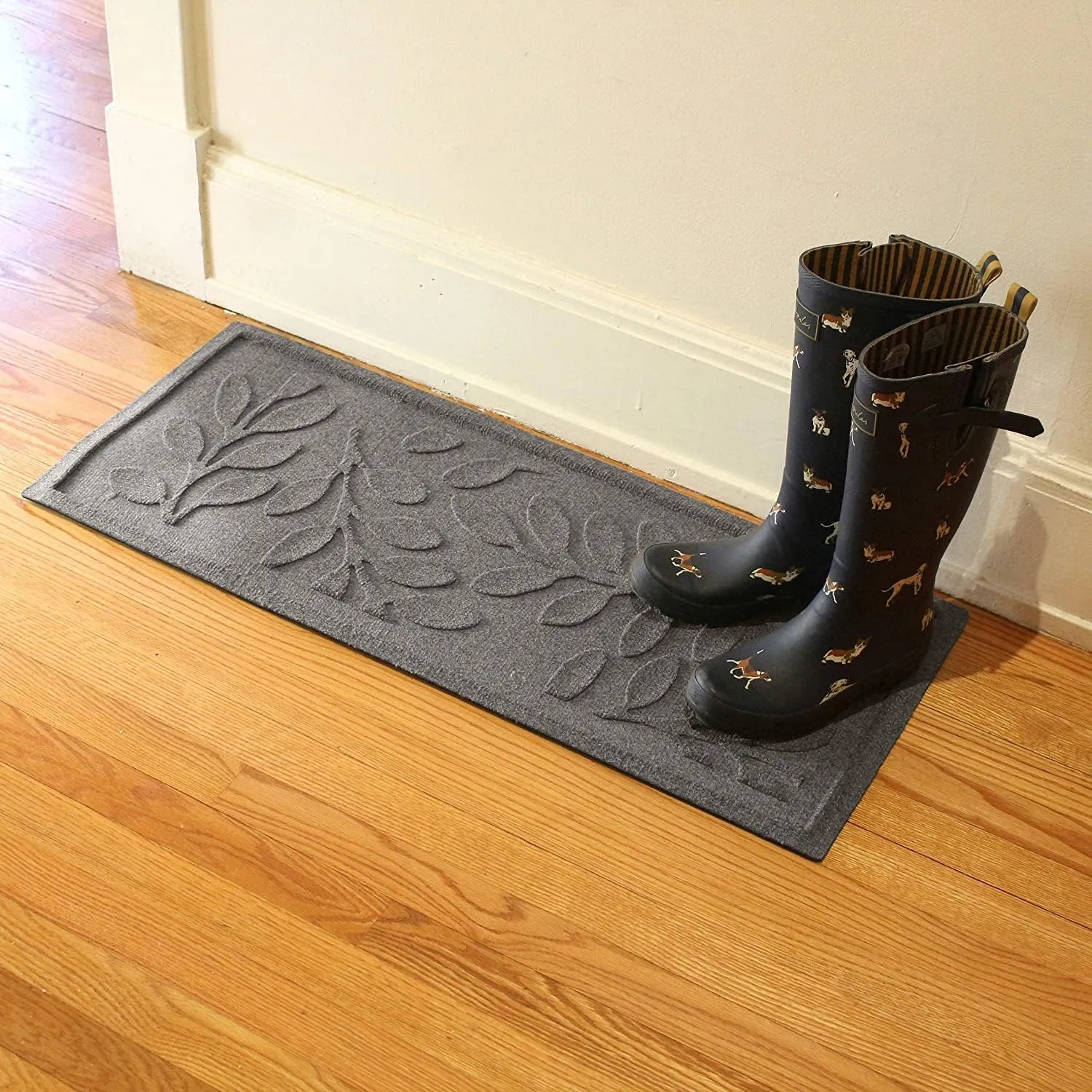 Bungalow Flooring Waterhog Indoor/Outdoor Boot Tray, 15 by 36 inches, Made in USA, Skid Resistant, Easy to Clean, Catches Water and Debris, Brittney Leaf Pattern, Medium Grey