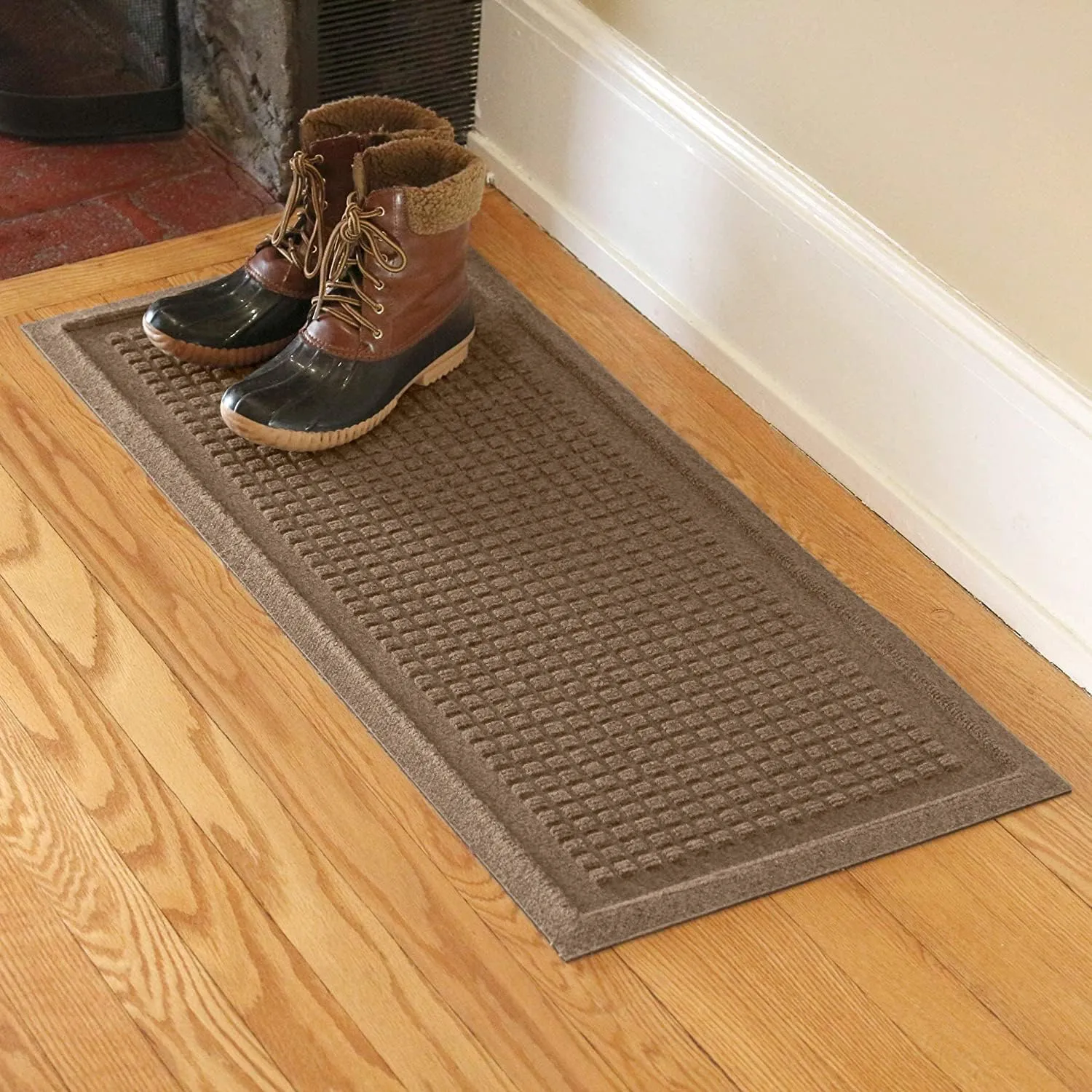 Bungalow Flooring Waterhog Indoor/Outdoor Boot Tray, 15 by 36 inches, Made in USA, Skid Resistant, Easy to Clean, Catches Water and Debris, Squares Pattern, Camel