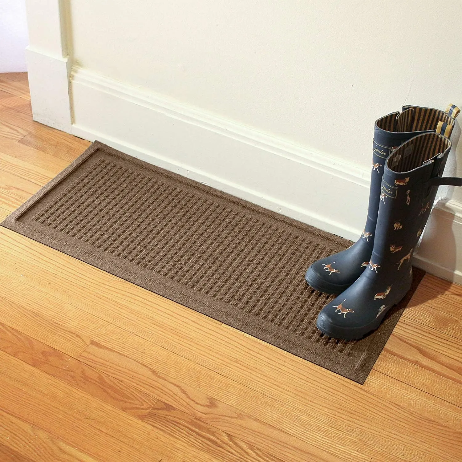 Bungalow Flooring Waterhog Indoor/Outdoor Boot Tray, 15 by 36 inches, Made in USA, Skid Resistant, Easy to Clean, Catches Water and Debris, Squares Pattern, Camel