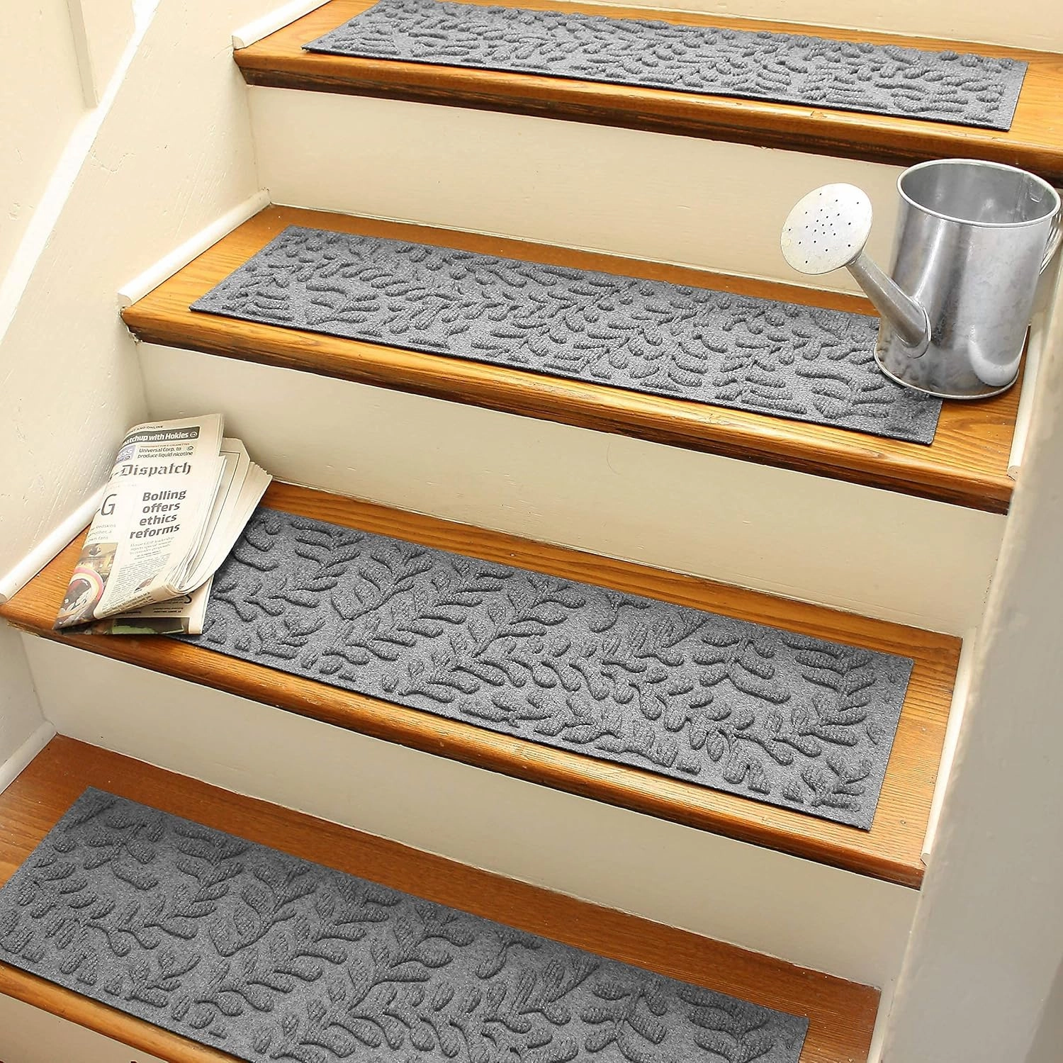 Bungalow Flooring Waterhog Stair Treads, Set of 4, 8-1/2 x 30 inches, Made in USA, Durable and Decorative Floor Covering, Indoor/Outdoor, Water-Trapping, Boxwood Collection, Medium Grey