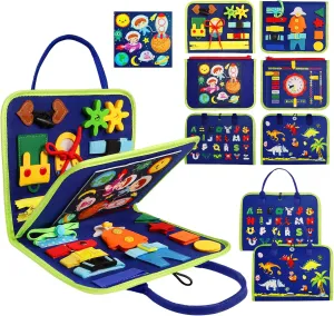 Busy Board Montessori Toys for 1 2 3 4 Year Old, Busy Book for Toddlers 1-3 Boys Girls Birthday Gifts, Sensory Educational Activities Travel Toys for Learning Fine Motor Skills, Blue-3 Pages